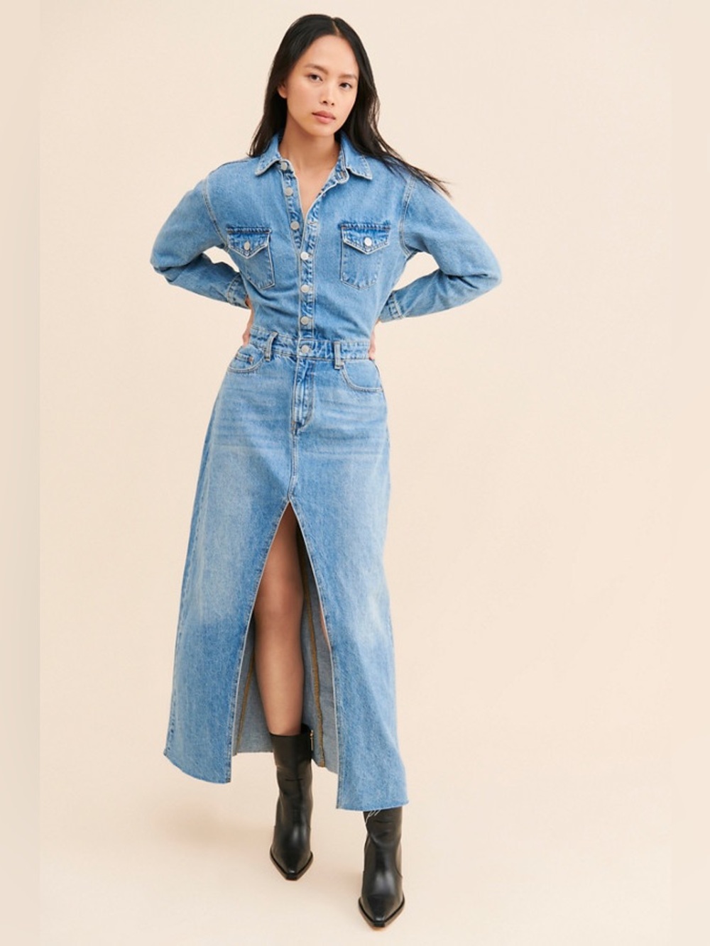 Denim Blue Maxi Dress Jumpsuit - Casual Women’s Long Denim